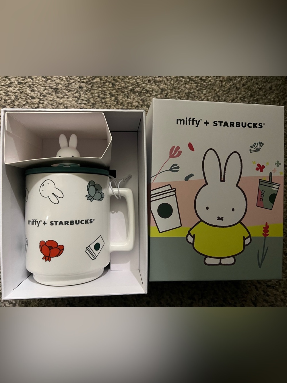 Starbucks White Ceramic Miffy Mug with Green and Yellow Accents